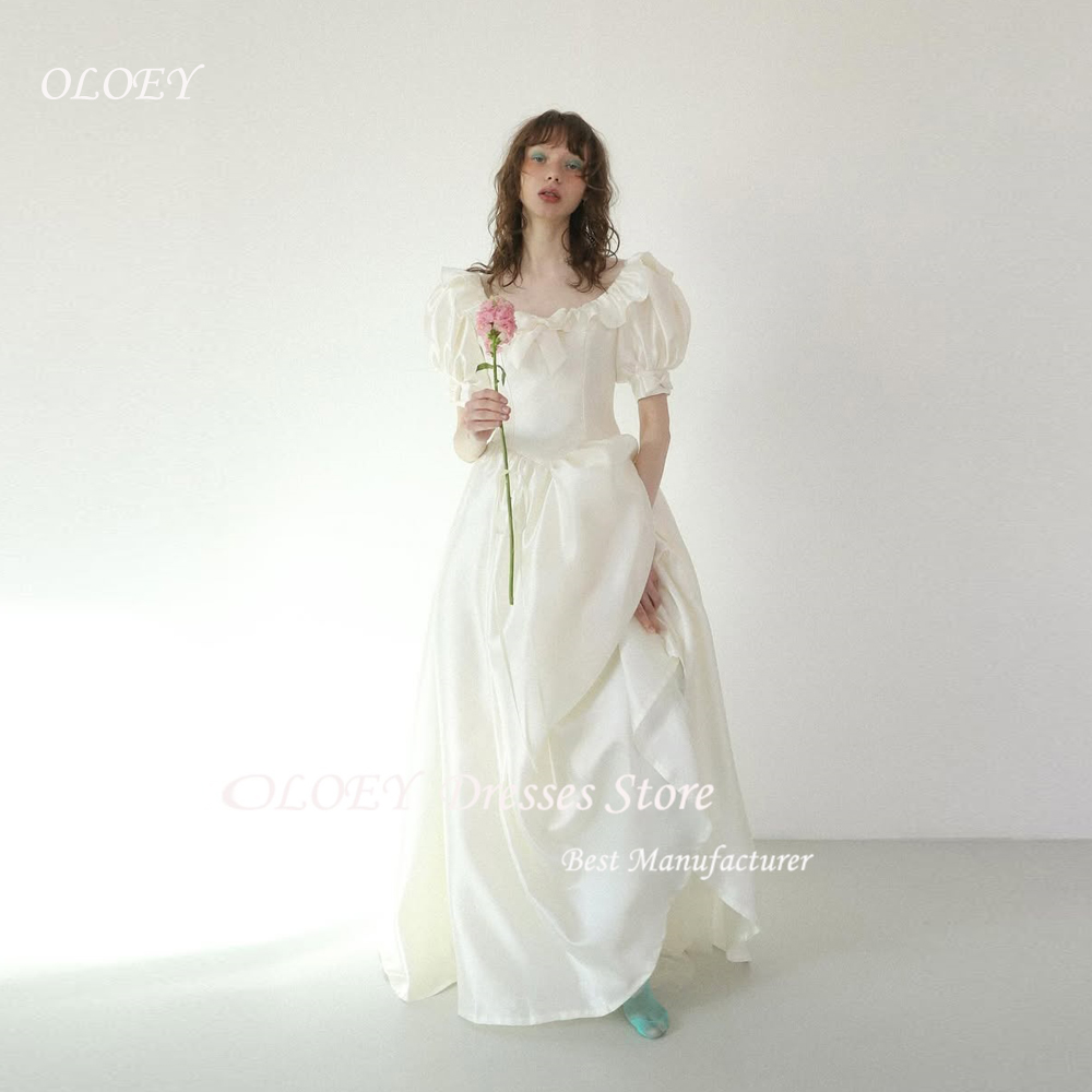 OLOEY 結婚式の写真撮影シンプルなサテンスクエアカラーブライダルガウンパフスリーブ床長さのロングウェディングローブコルセットバックカスタム
