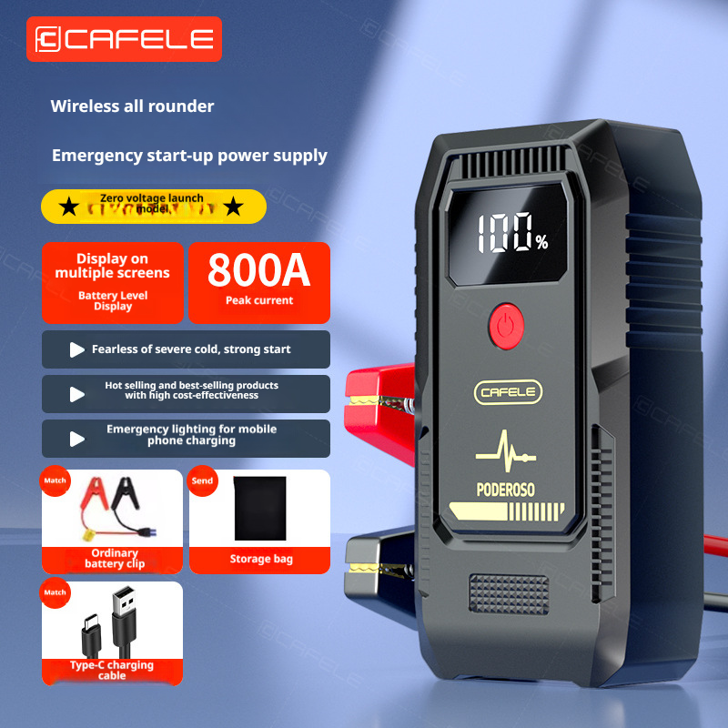 800A ピークジャンプスターター、ポータブル 12V カーバッテリーブースター、緊急用パワーバンク、スマートクランプ、USB 充電器、LED ライト。