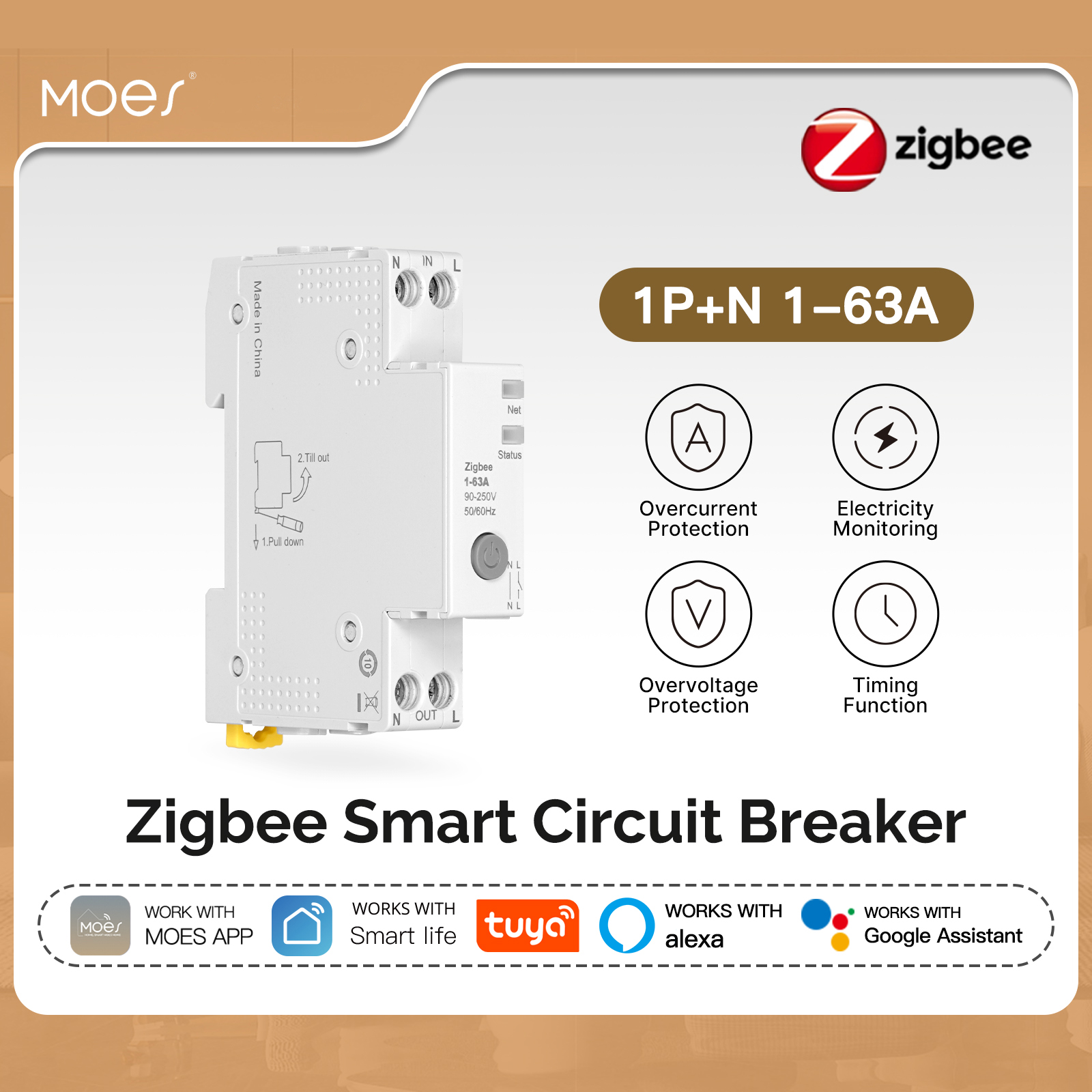 MOES Tuya Zigbee スマートサーキットブレーカー 63A 電気モニター遅延アラームしきい値セット APP 制御 Alexa V0 耐火