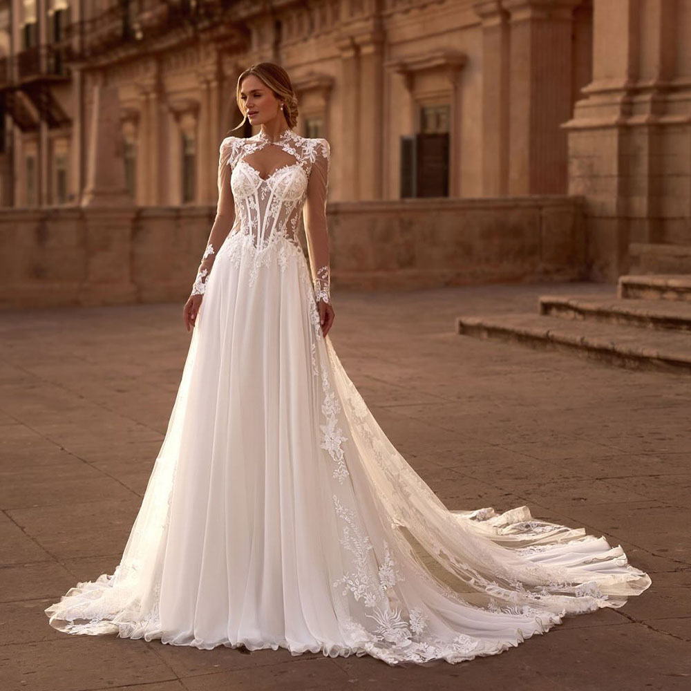 モダンな絶妙なアップリケ A ラインのウェディングドレスロマンチックな恋人スパゲッティストラップヴィンテージブライダルドレスツーピース Vestidos デ