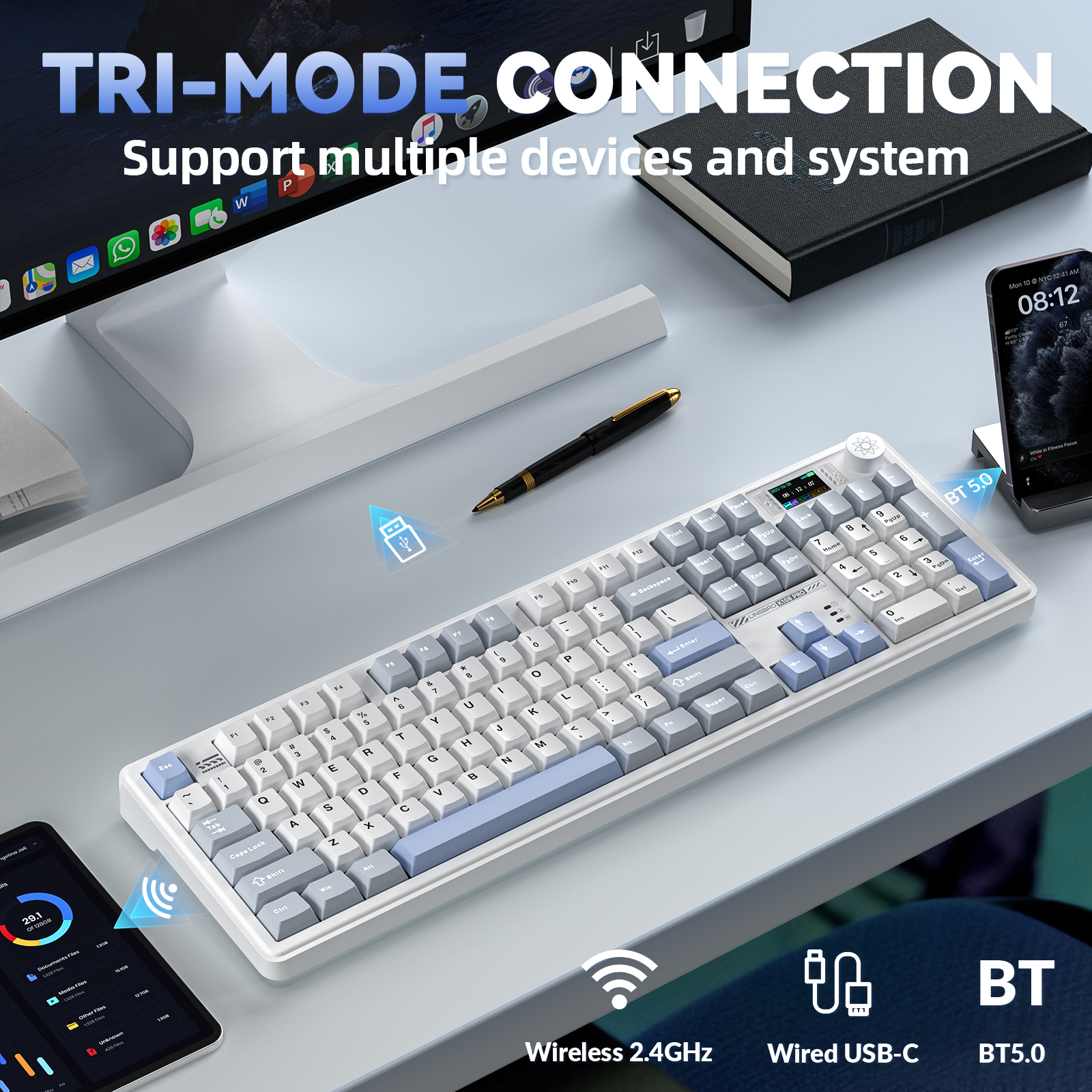 LINGBAO K108 プロ韓国ワイヤレスゲーミングメカニカルキーボード 104 キー Bluetooth 2.4 グラム有線 RGB ホットスワップゲーマー非接触キーボード