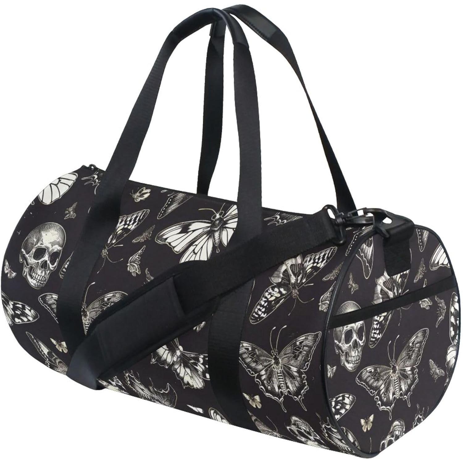 スポーツダッフルバッグ ゴシックスカルバタフライアスレチックジムバッグ一晩トレーニング旅行トート荷物男性女性ヨガ用