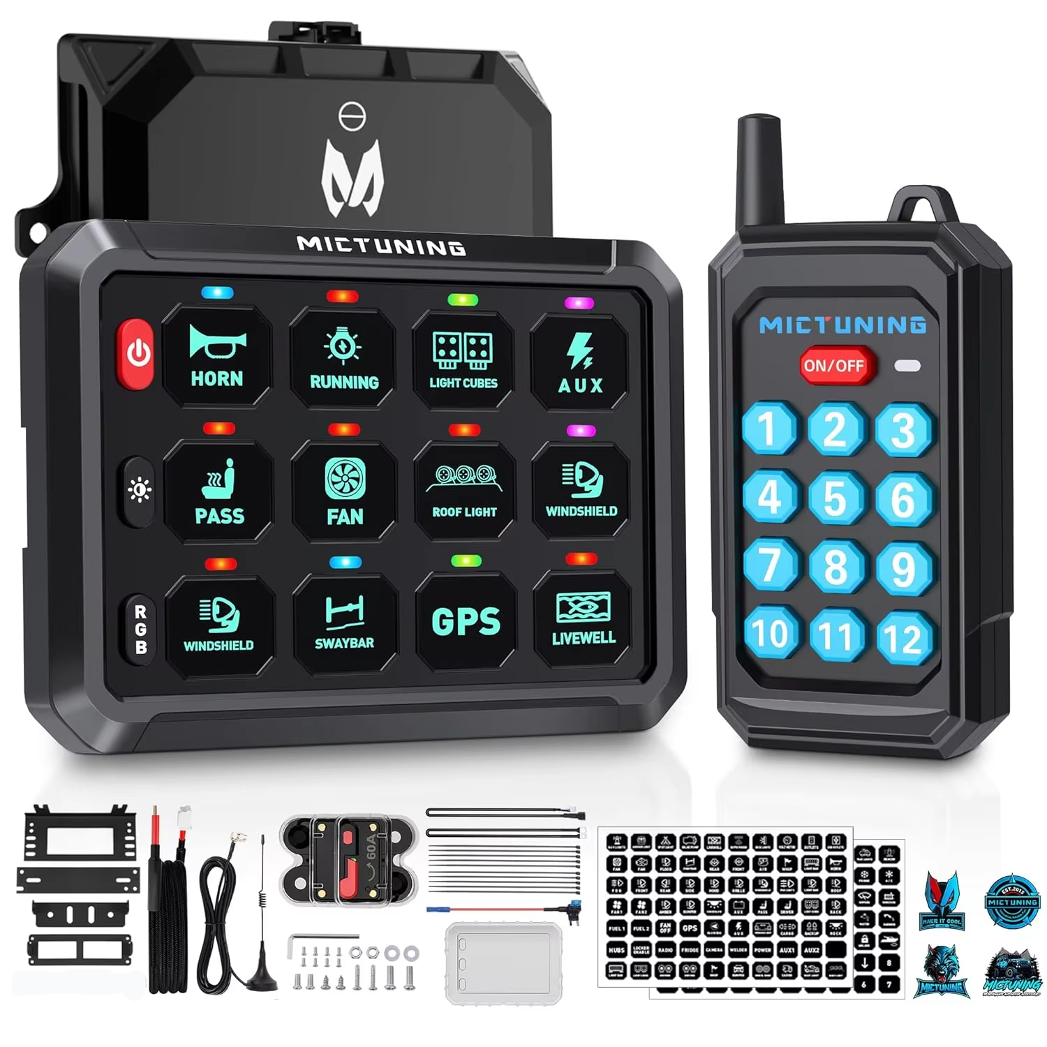 MICTUNING P1Y 12 ギャングスイッチパネル、ワイヤレスリモコン付き、ワイヤレス最大 230FT、多機能 6 レベルの明るさ