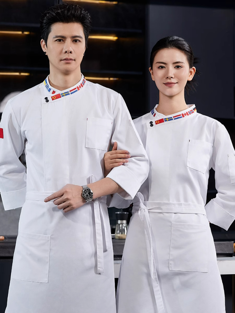 シェフ制服男性女性旗襟長袖ホテルレストランケータリングキッチンシェフコート半袖