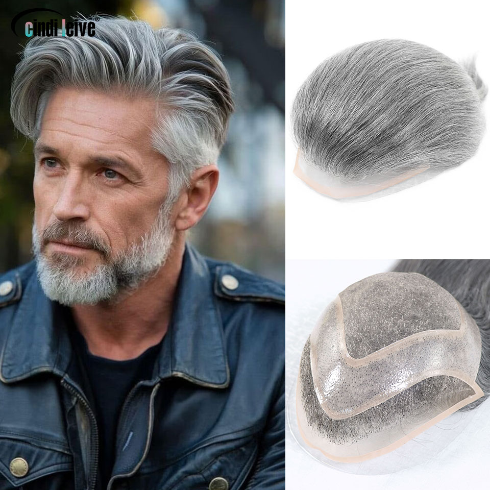 男性用グレーかつら人毛ピースナチュラルヘアラインレース