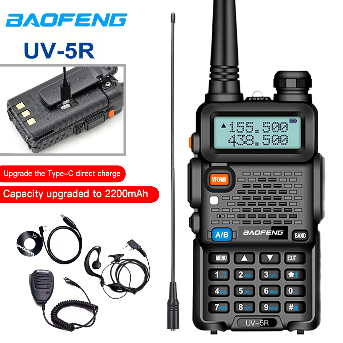Baofeng UV-5R USB Lange Afstand デュアルバンドハムアマチュア Met Vhf Uhf Fm CB 128CH 2200mAh ポータブルハンドヘルド長距離双方向ラジオ