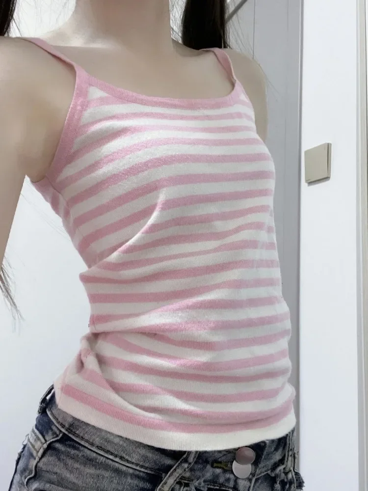 夏 Ropa Mujer クロップトップス女性服カジュアルセクシーな 2026 Y2k タンクファッションストライプ甘いベストスリムフィットノースリーブキャミソール
