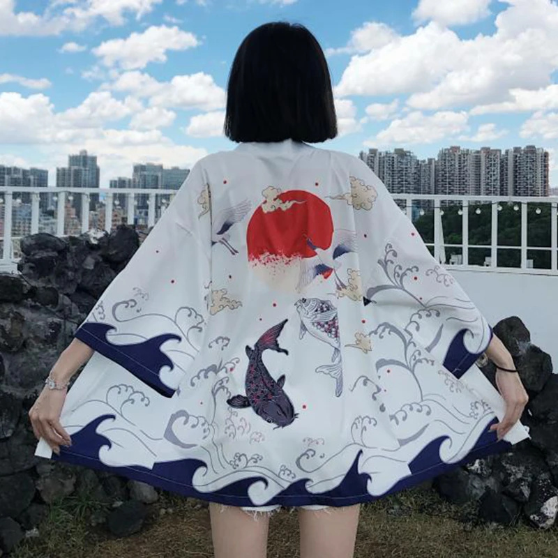 日本の着物伝統的な服鶴鯉アニメ着物ドレスシャツ女性サムライ羽織やつ浴衣男カーディガンシャツ