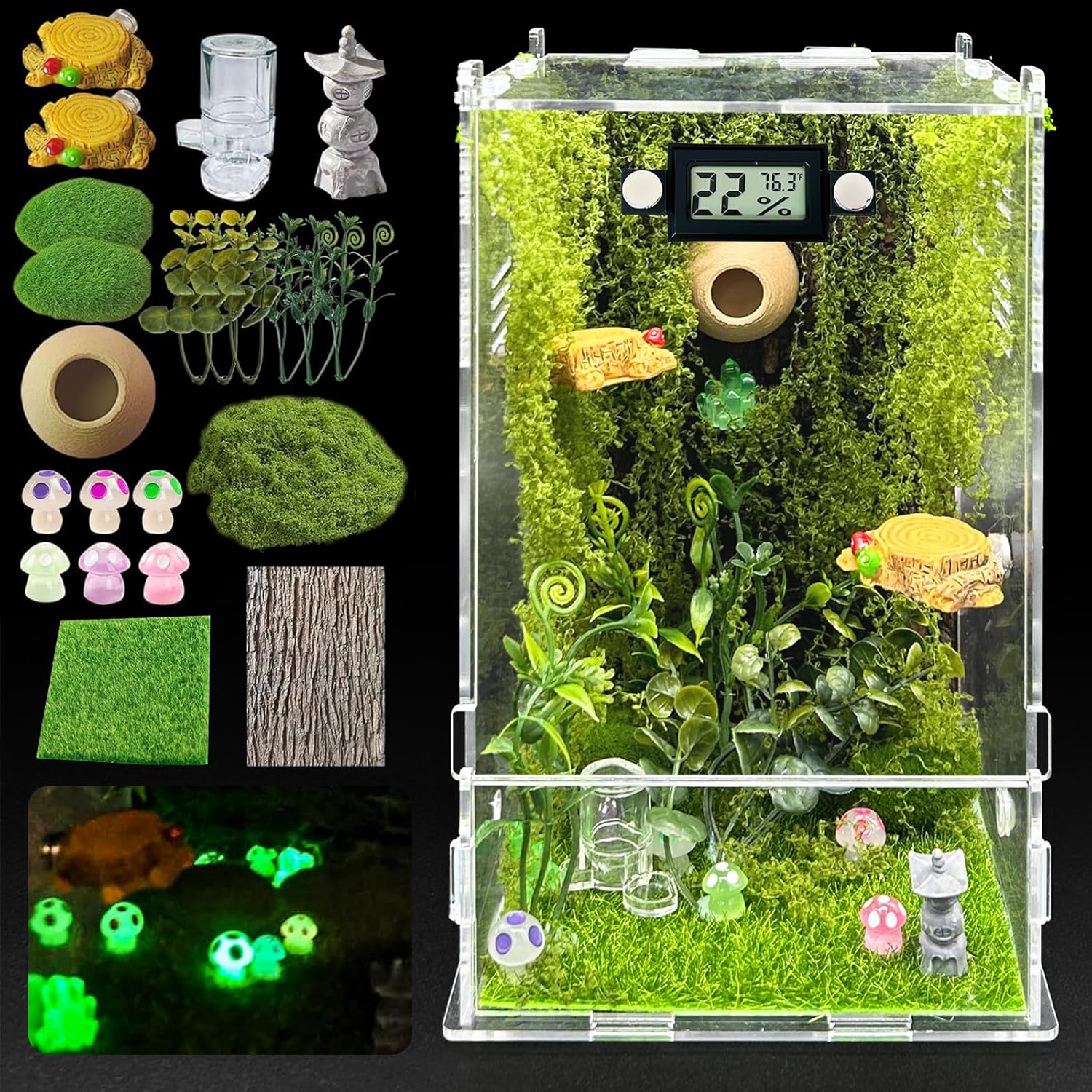 ハエトリグモの囲い DIY ハエトリグモの昆虫の生息地 温度と湿度の検出器付き 給水器プラットフォーム 非表示
