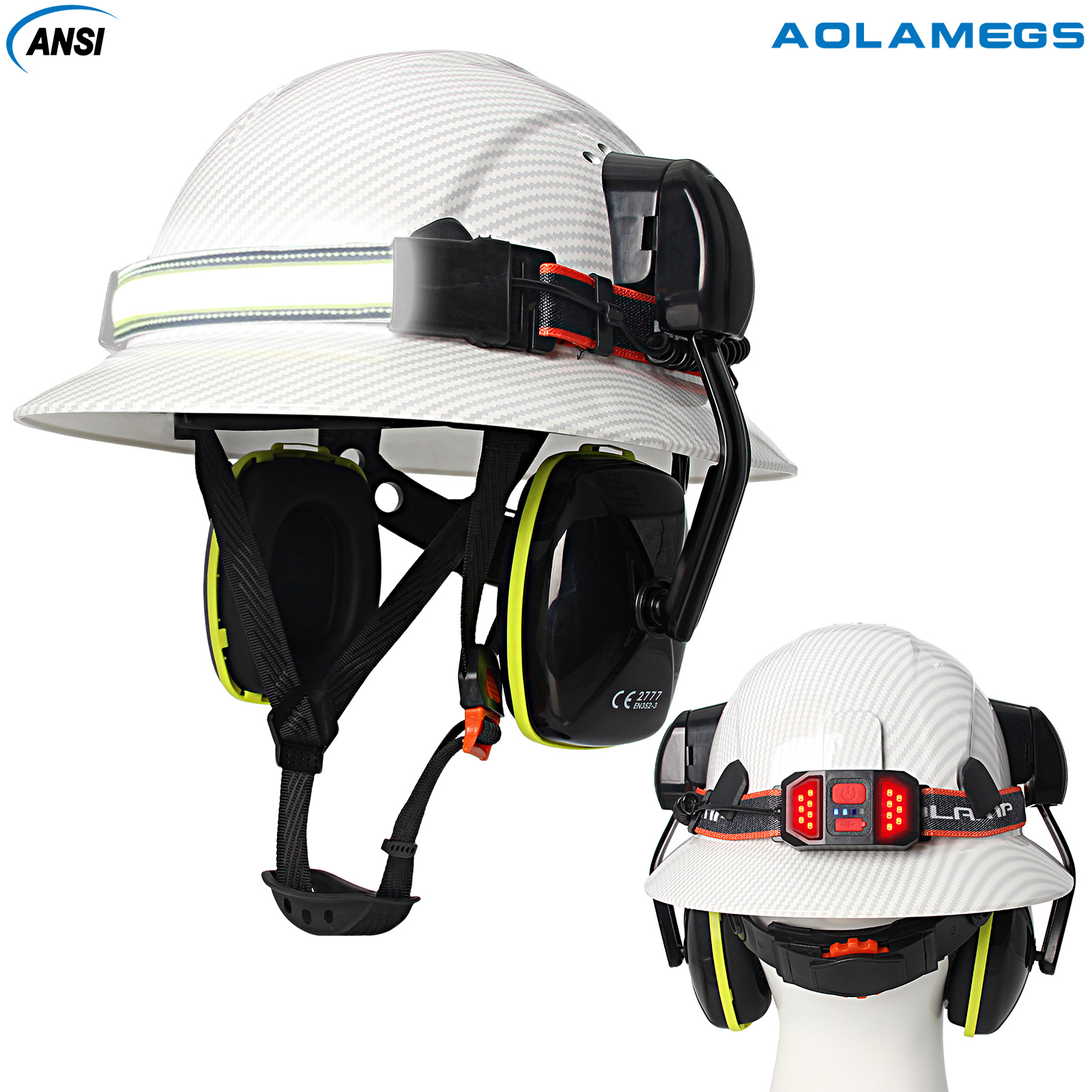 建設フルつば安全ヘルメットカーボンファイバーパターンイヤーマフ付きヘッドランプ軽量通気性作業保護キャップ