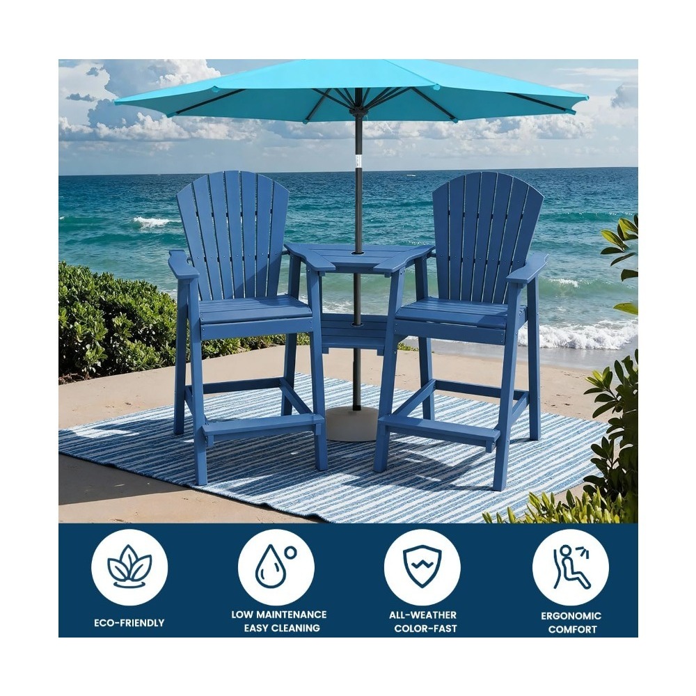 Sets-Bar Height Adirondack チェア 2 個セット ダブルトレイ付き 全天候型 HDPE 屋外用バースツール ネイビー