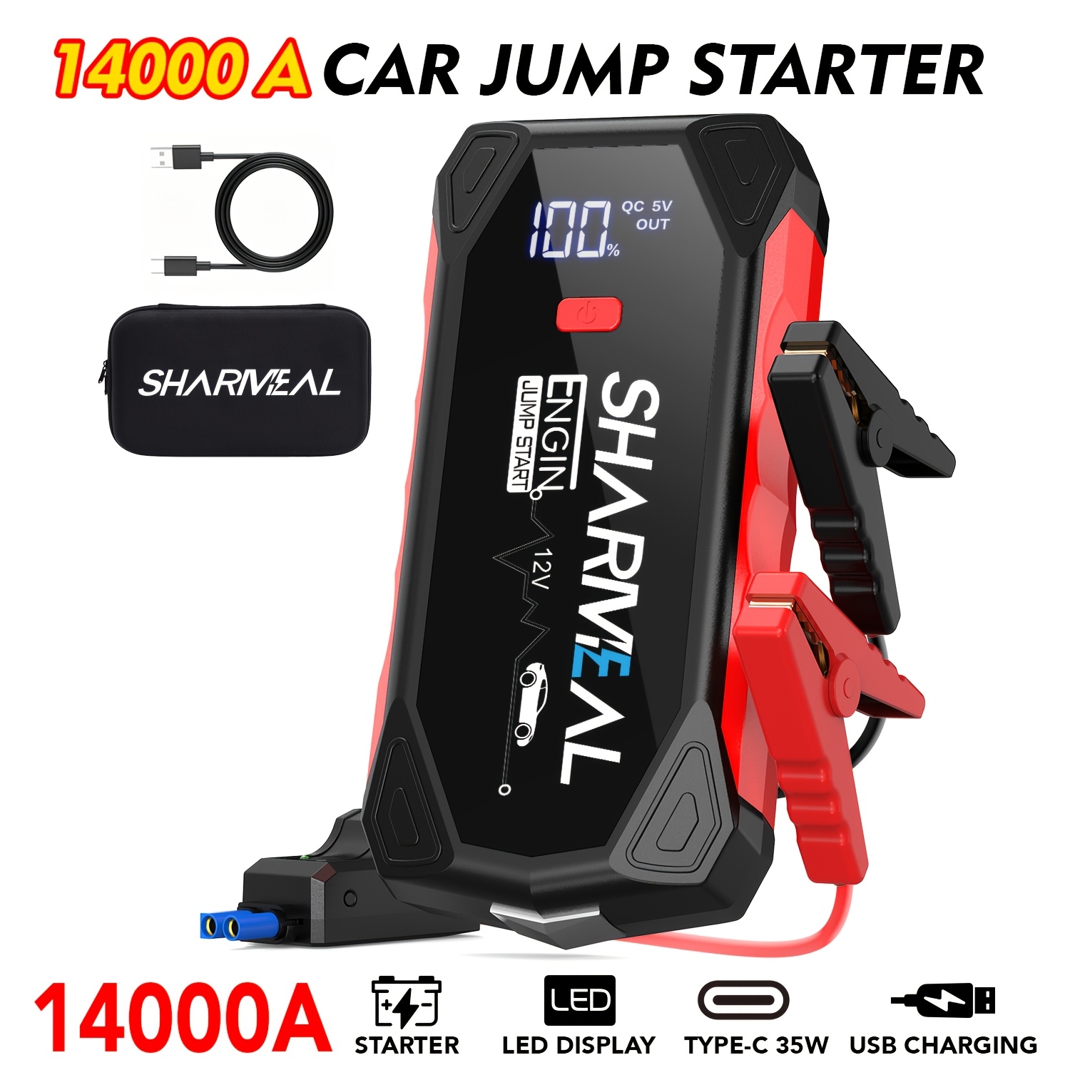 14000A-8000A 3-In-1 ポータブル ジャンプ スターター、最大 2.64 ガロンのガスおよびすべてのディーゼル エンジン用 12V 車バッテリー ジャンプ スターター パック、3 モード懐中電灯とジャンパー ケーブル付き