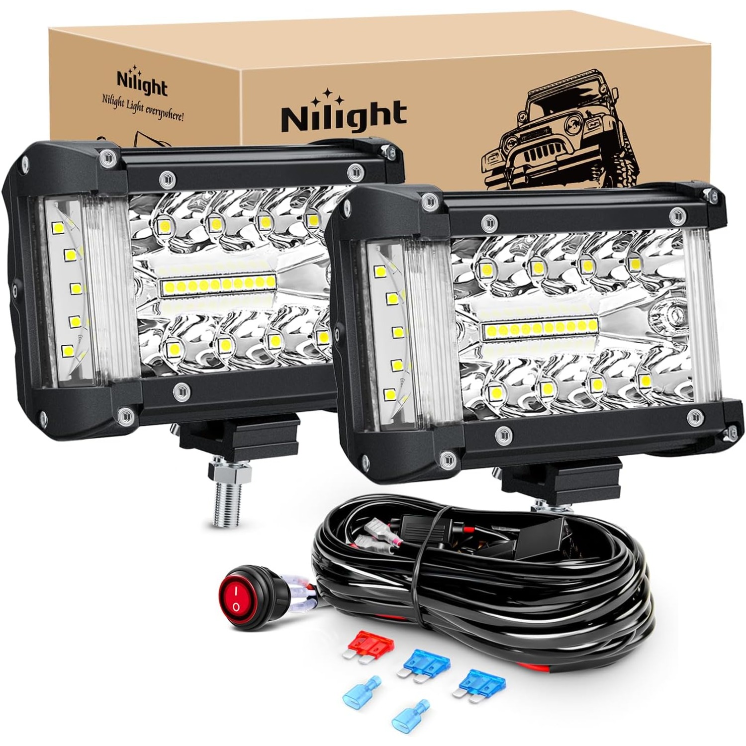 Nilight LED ライトバー 4.3 フィート サイドシューター 3 列スポットフラッドコンボ 配線ハーネスキット付き オフロード走行フォグワークランプ用