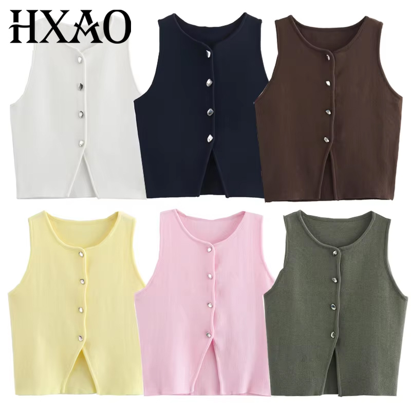 HXAO 女性セーターベスト丈ニットベスト女性ノースリーブ白青ベスト女性秋ボタンスリムイエローピンクニットベスト