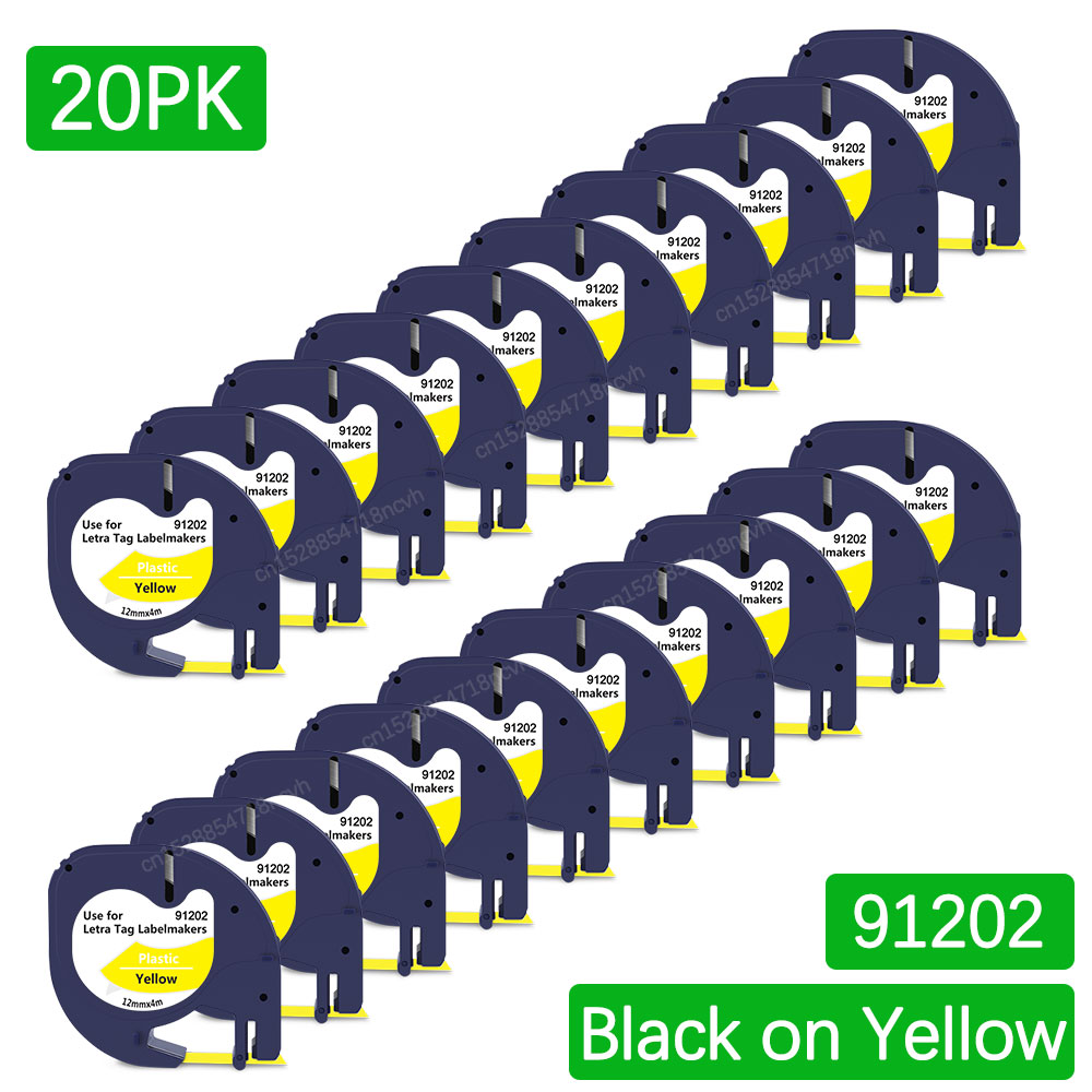 20 個 91202 黒地に黄色 Dymo LetraTag ラベルテーププラスチック 91332 91222 リボン Dymo LT100H 100T ラベラー用