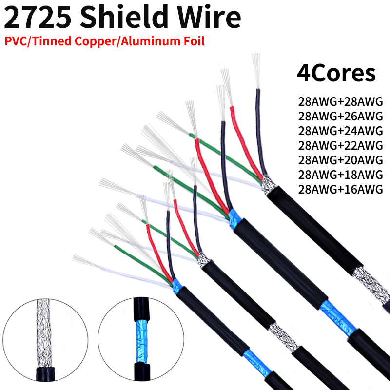 2 メートル/10 メートルシールド線 28AWG - 16AWG アルミ箔錫メッキ銅線 4 コアソフト PVC UL2725 DIY USB オーディオ電子信号ケーブル