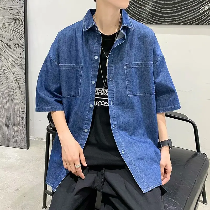 ルーズメンズデニムシャツ半袖ショートカジュアル韓国スタイル夏の新ファッション男性モデルルーズフィットカジュアルシャツ