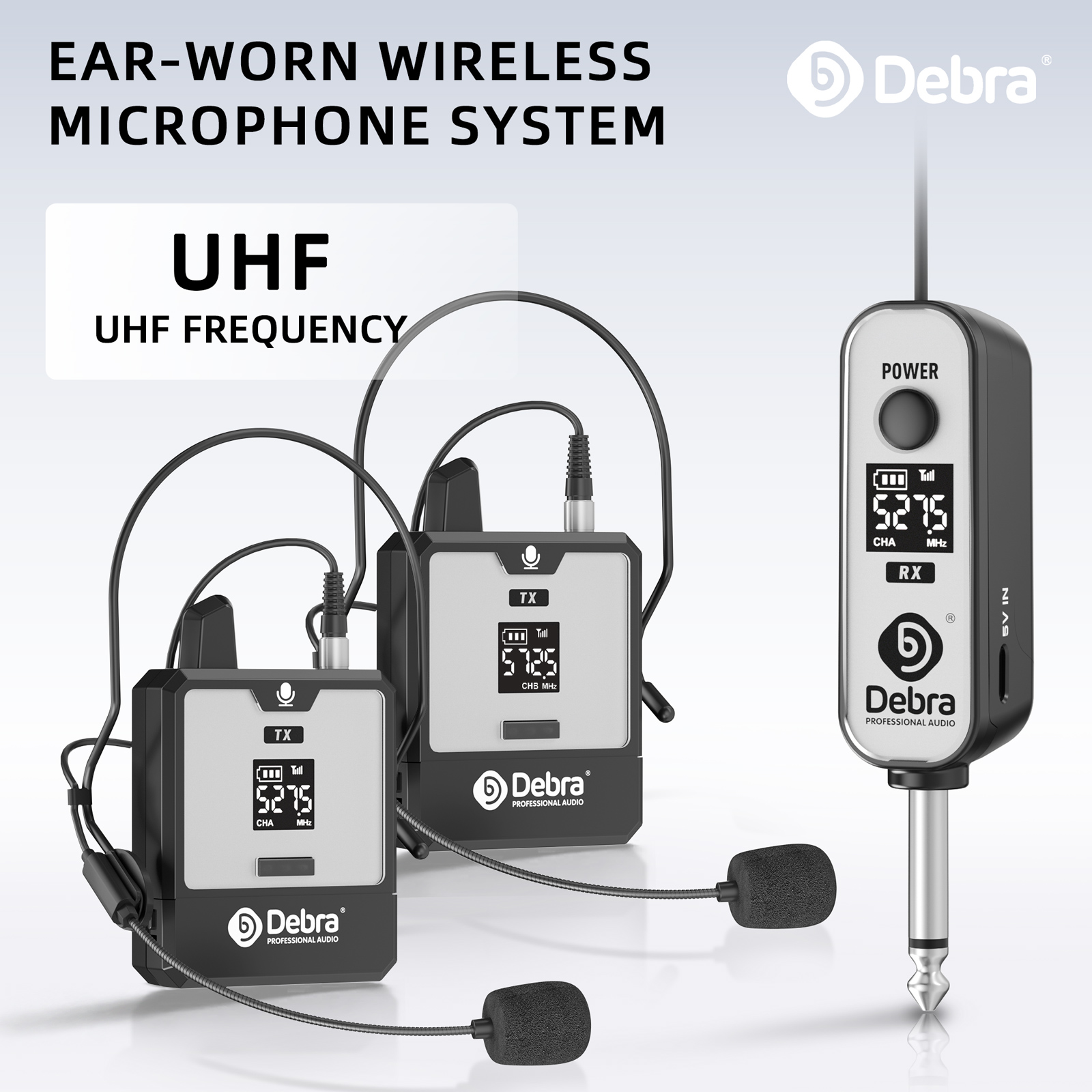 Debra DT-01/02 ワイヤレス耳着用マイク システム、プラグ アンド プレイ、UHF 周波数 520 ～ 590 MHz、会議およびパフォーマンス用