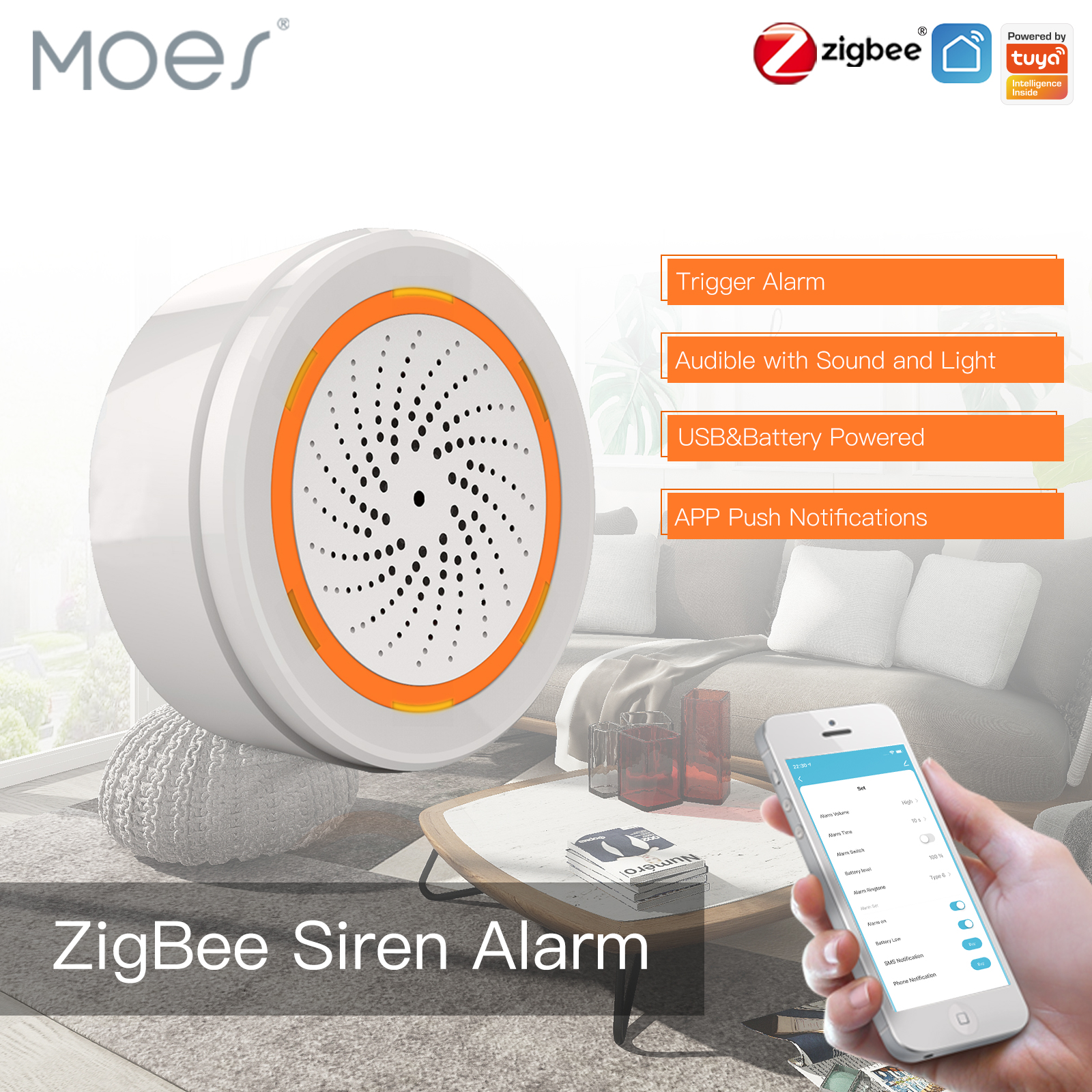 MOES Tuya ZigBee スマート音と光サイレンセンサー 90dB スマートライフサイレンホームセキュリティシステム Tuya ゲートウェイハブ、Alexa で使用