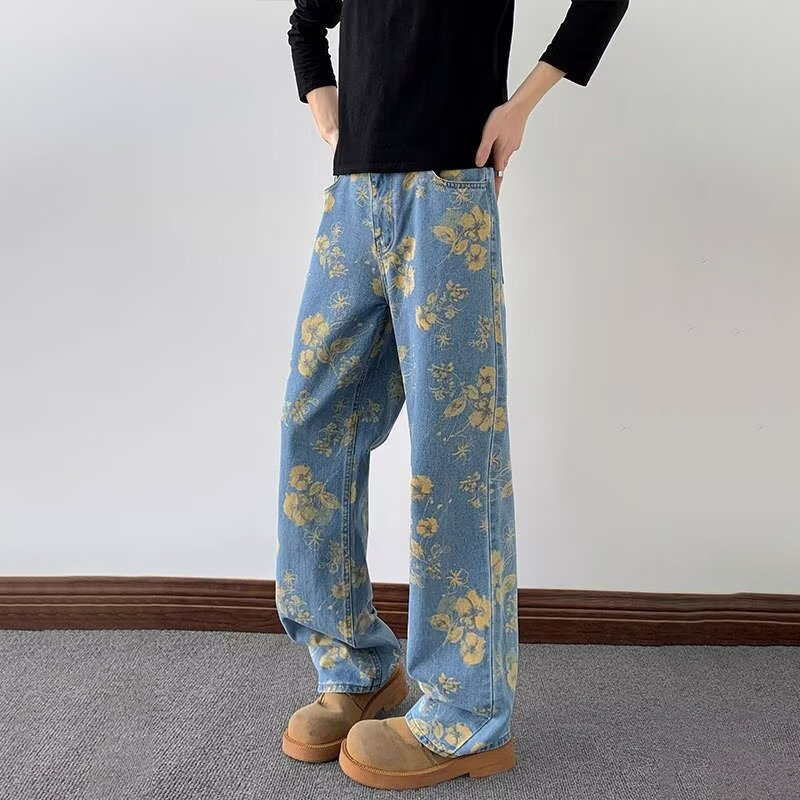 2026 新メンズフラワータイダイプリントデニム Pantalones アメリカンストリートレトロブルーだぶだぶのジーンズヒップホップファッション Y2K ジーンズ