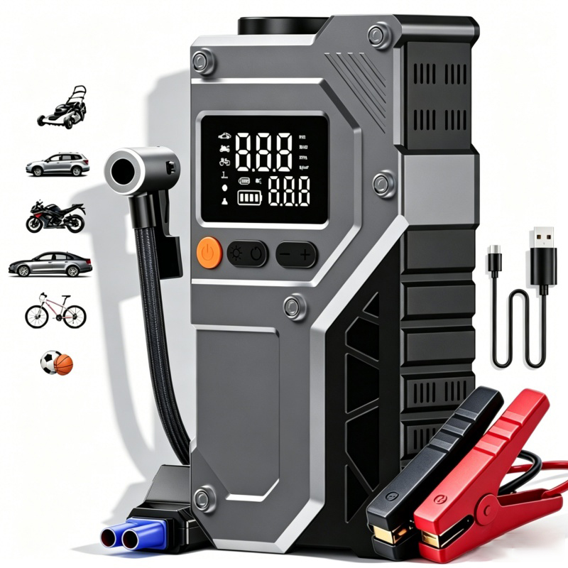 12V ジャンプスターターカーバッテリーブースター始動装置。150PSI エアコンプレッサーと LED ライト付きポータブルジャンプスターター。