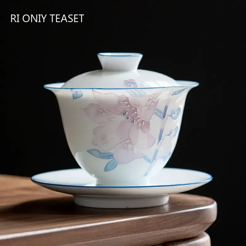 中国手描きセラミック茶チュリーンティーカップ旅行 Gaiwan 手作り三次元レリーフ花磁器茶碗
