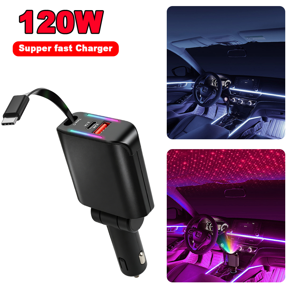 120 ワット車の充電器アダプタ 3 で 1 高速充電 USB タイプ C 車の充電器格納式タイプ C Huawei 社サムスン電話充電器