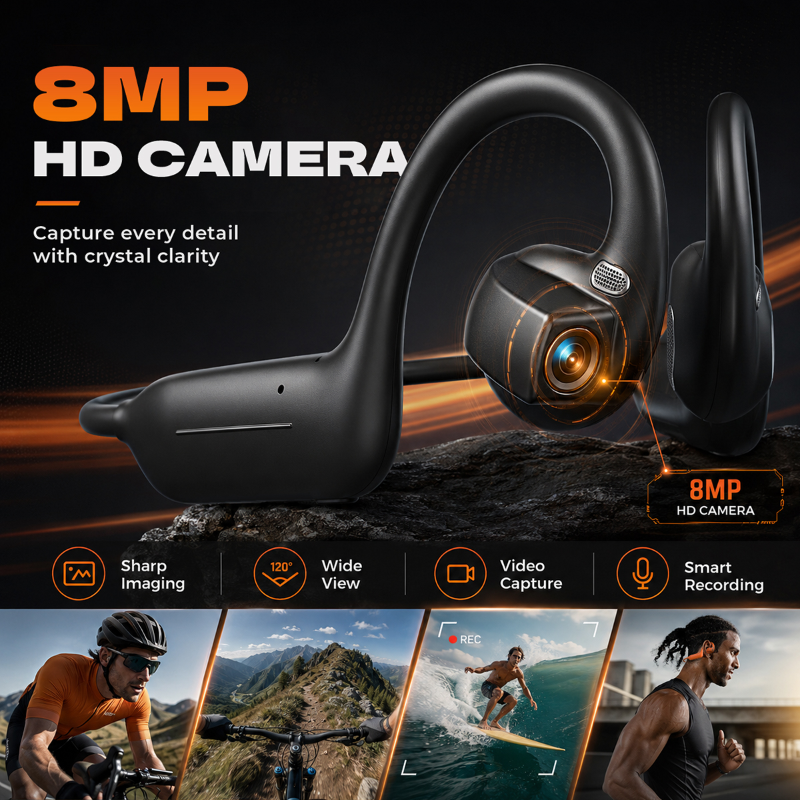 E12 イヤーフック骨伝導ヘッドフォンオープンイヤーワイヤレス Bluetooth 5.4 スポーツイヤフォン AI 翻訳 HD カメラ付きランニング用