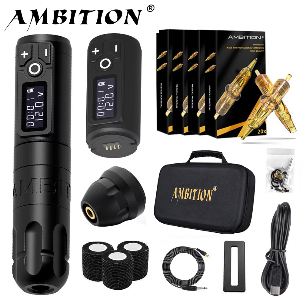 Ambition Soldier ワイヤレスタトゥーマシンペンキット コアレスモーター 2400mAh バッテリー付き 80個混合カートリッジ タトゥーアーティスト用