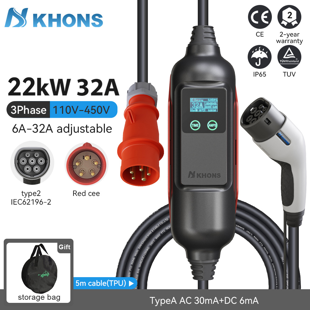 Khons 22kw EV 充電器 Type2 電気自動車ポータブル充電器 32A EV 充電器レッド CEE プラグ電気自動車充電ウォールボックス 5 メートル TPU ケーブル