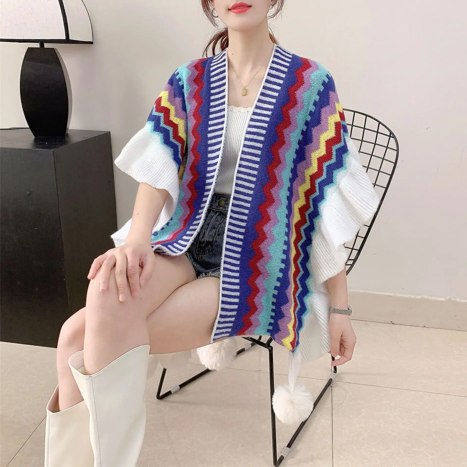 ケープマントポンチョタイプ分割と甘いショール女性着用フリル春と秋 2025 新しい女性ニットケープカーディガン P2