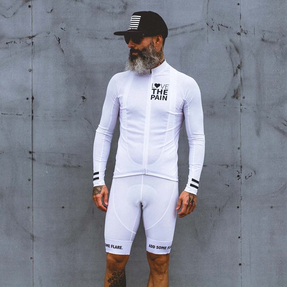 愛を痛み白サイクリングジャージスーツ米国 Ciclismo チーム服 2022 メンズシャツ長袖ビブショーツロードバイクトライスーツ Mtb