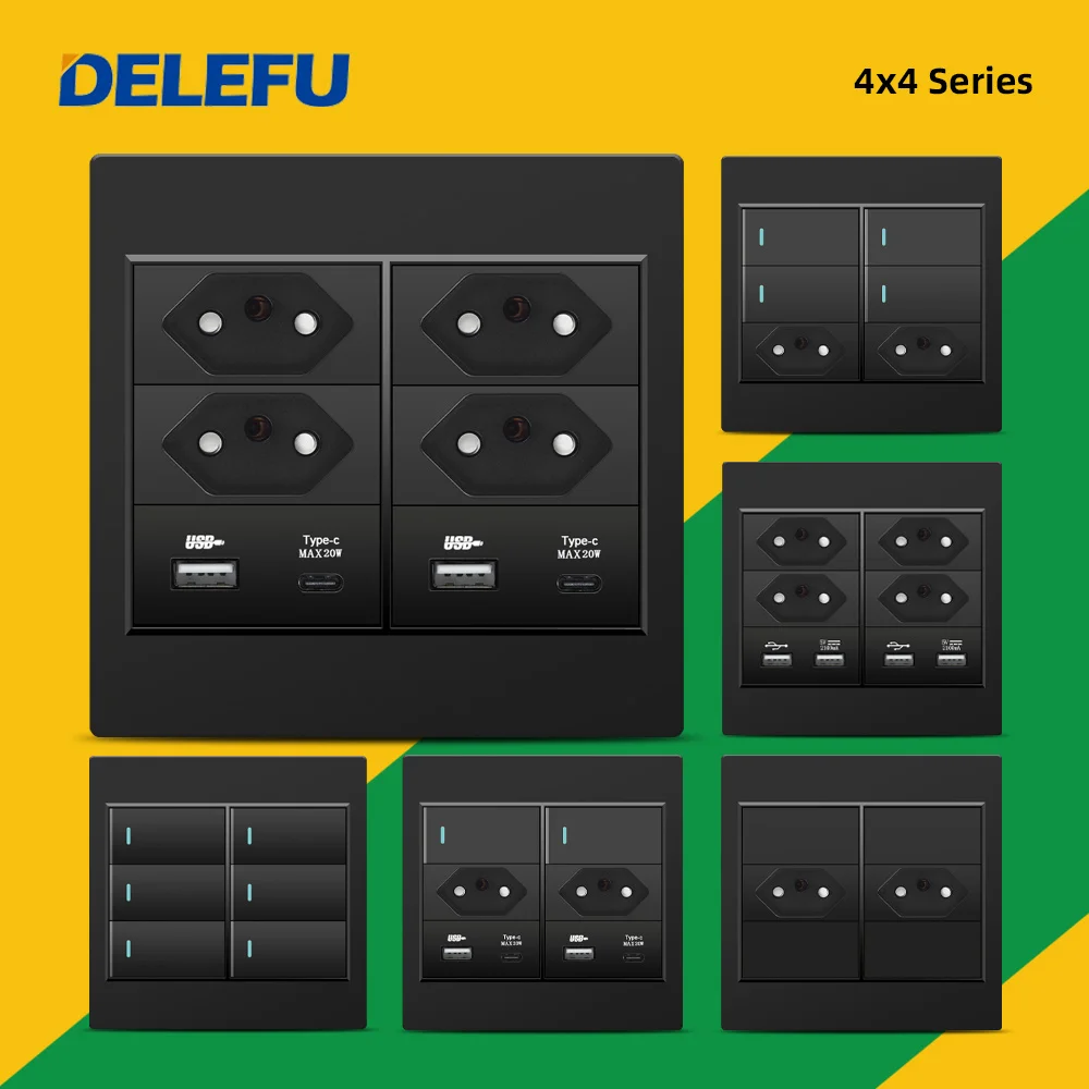 DELEFU 4 × 4 耐火 PC パネルブラジル標準コンセントダブル USB タイプ C 壁電源ソケットライトスイッチオフィスブラック 10A 20A