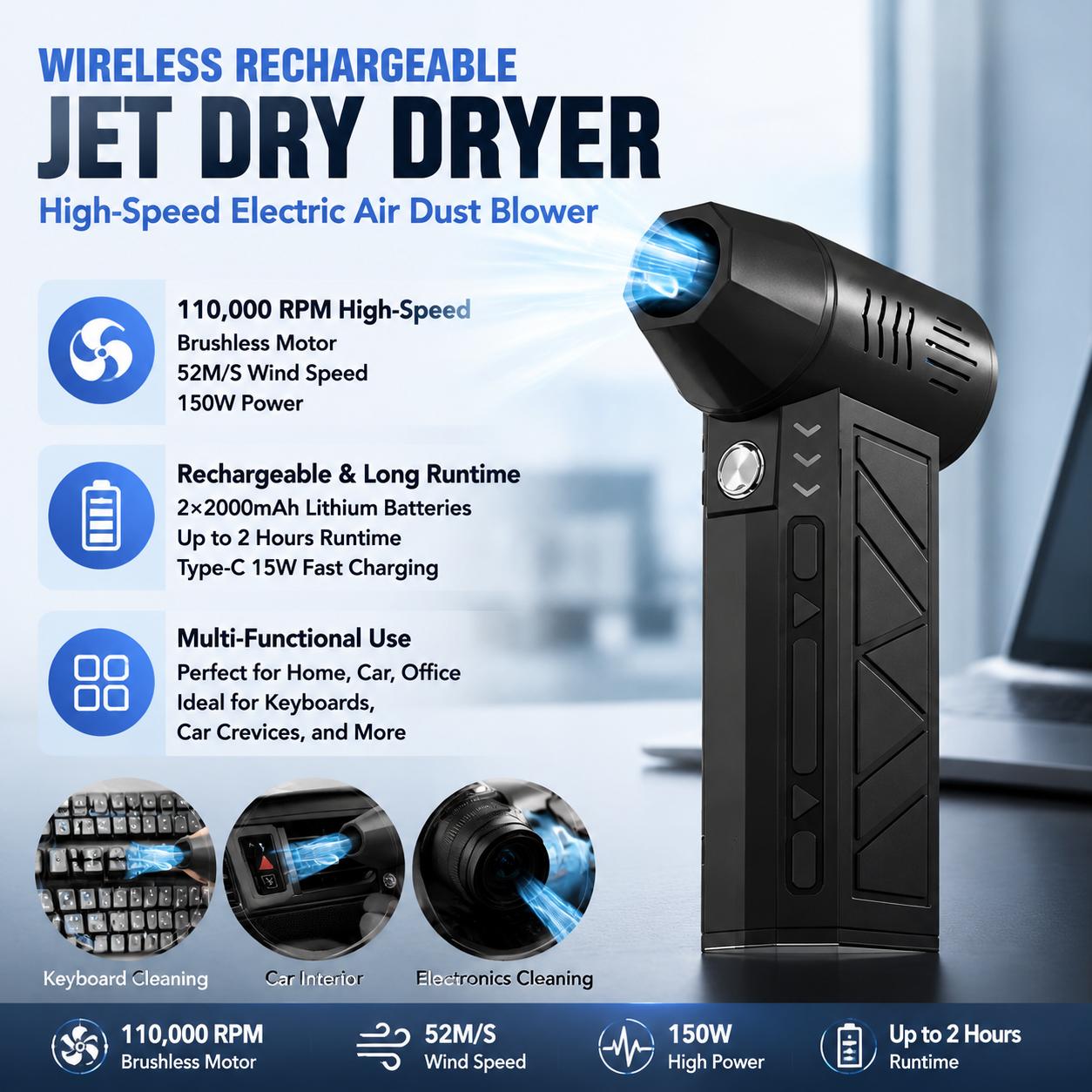 電動送風機 3 スピード 110000 RPM コードレスエアダスター 充電式 USB 電源車用掃除機 ポータブル ハイパワー ジェット ドライ ブロワー 自動車内装のクリーニングとディテール用 多目的自動 CL