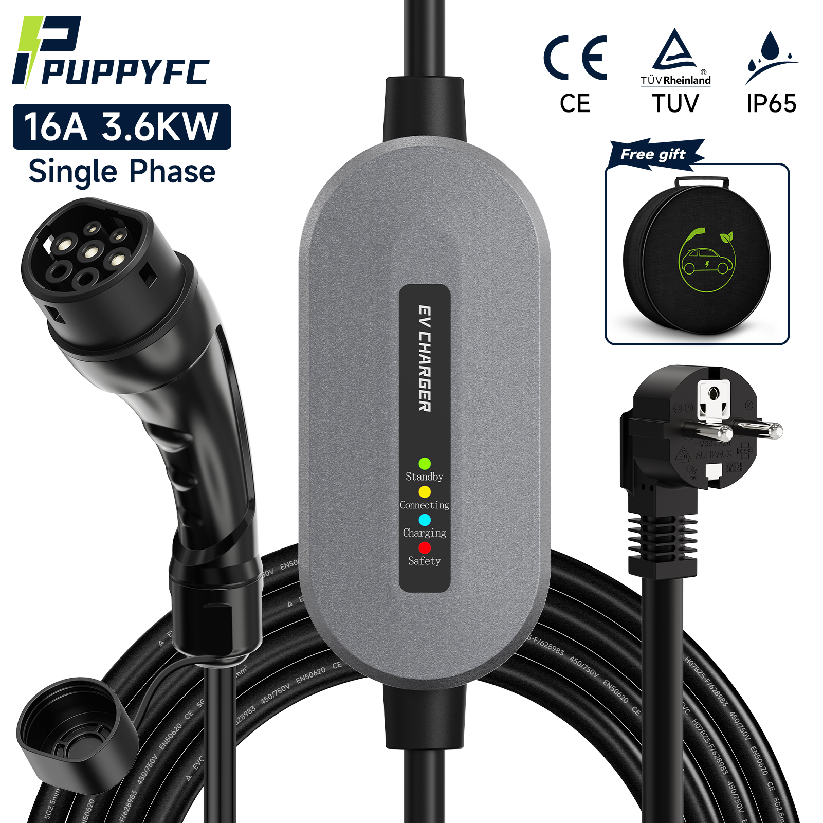 Puppyfc EV 充電器 Type2 IEC62196-2 3.6KW 16A ポータブル充電ボックスセット Type1/GBT プラグアンドプレイ電気自動車車の充電器