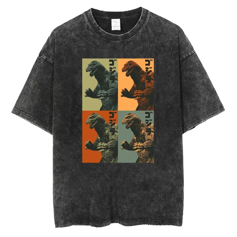 ゴジラ 2026 新しいホット Tシャツゴジラモンスター洗浄オールドコットンヴィンテージルーズ Tシャツ Y2k 男性 Tシャツ半袖シャツ