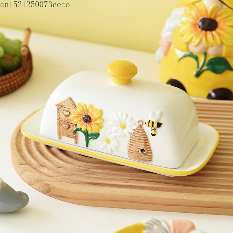 セラミックバター皿デザート皿スナックケーキプレート皿クリエイティブ蜂ひまわりバタープレート家の装飾セラミック食器
