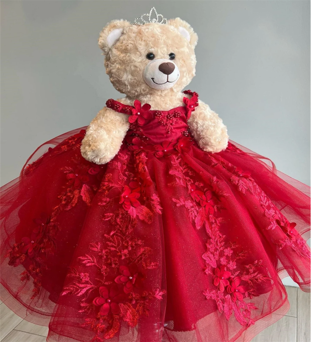 赤いテディベア ドレス レース アップリケ パーソナライズされた恋人の花のアップリケ クリスタル ビーズ オフショルダー