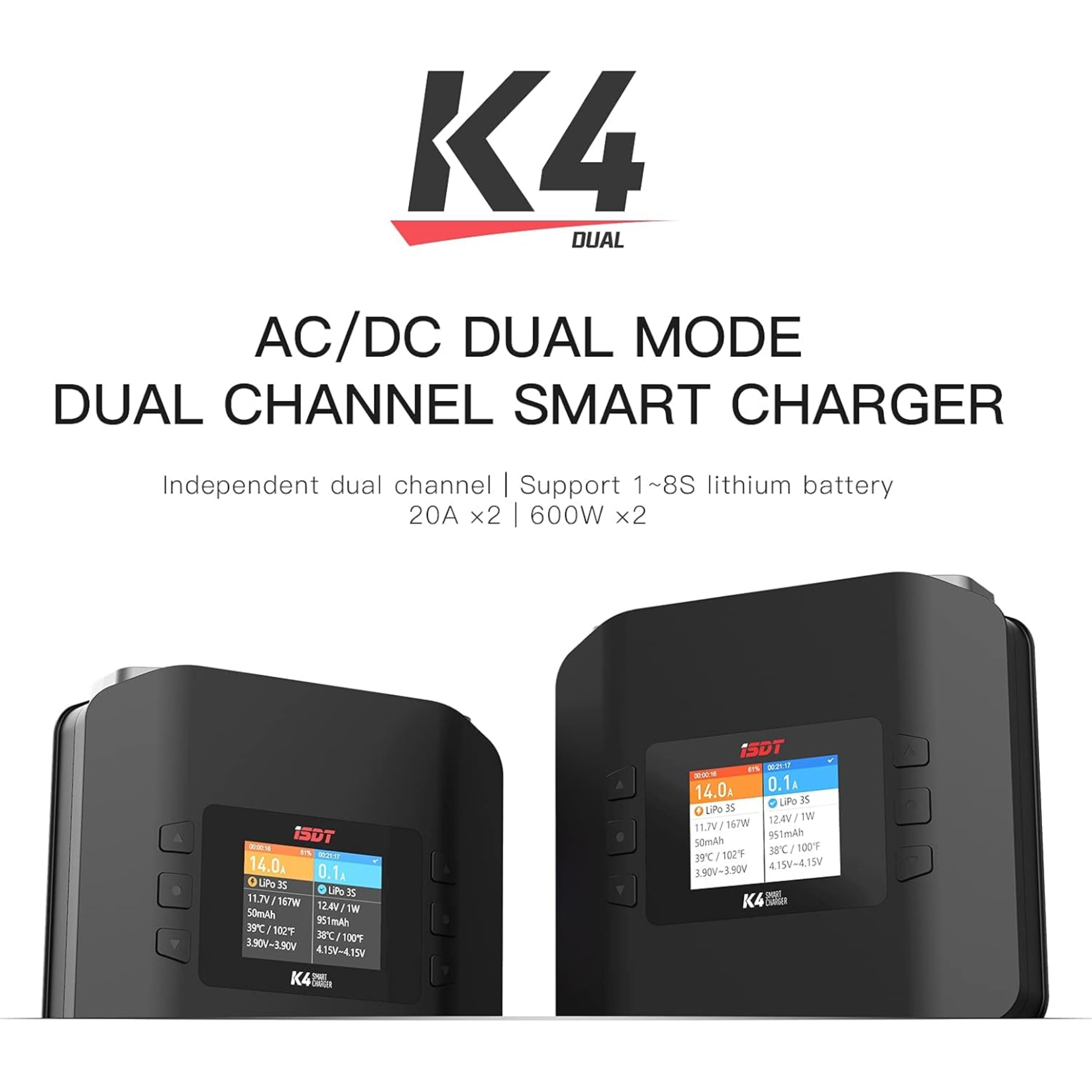 ISDT K4 400 ワット AC 600 ワット DC 30A デュアルチャンネルスマートバッテリーバランス充電器放電器 1-8S LiPo LiHV LiFe ニッケル水素 RC FPV ドローン車
