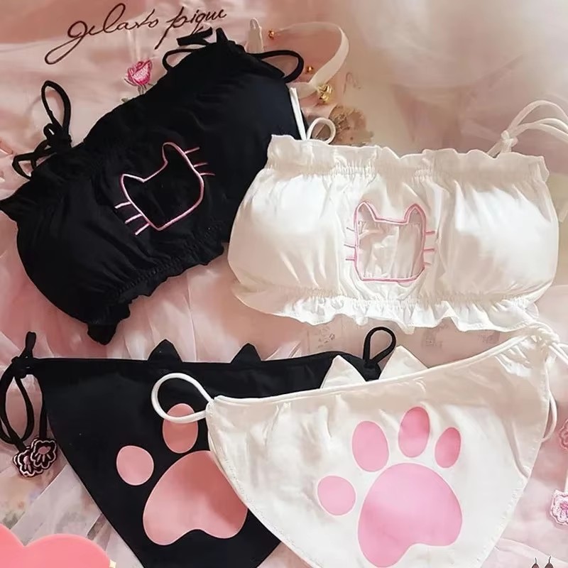 日本アニメ猫コスプレ制服ブラジャーパンティーセット女性下着かわいいロリータ中空セクシーなランジェリー下着セット
