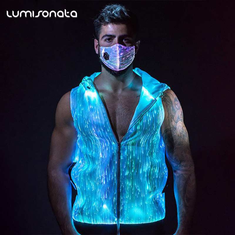 光ファイバー LED ライトアップジャケット男性発光ノースリーブパーカーコートレイブフェスティバルナイトクラブ DJ ステージパフォーマンス着用 2026