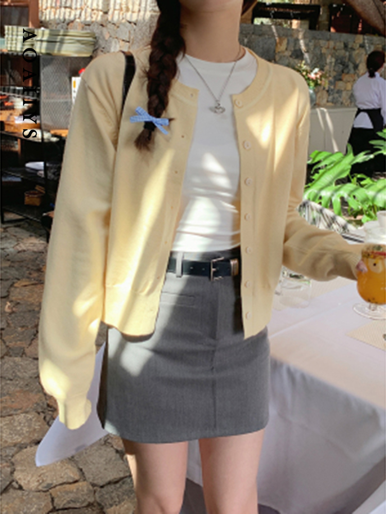 Aoaiiys Yellow Cardigan Women Long Sleeve Sweater Coat O Neck Single-breasted Outerwear Autumn Winter New Fashion Knit Cardigans