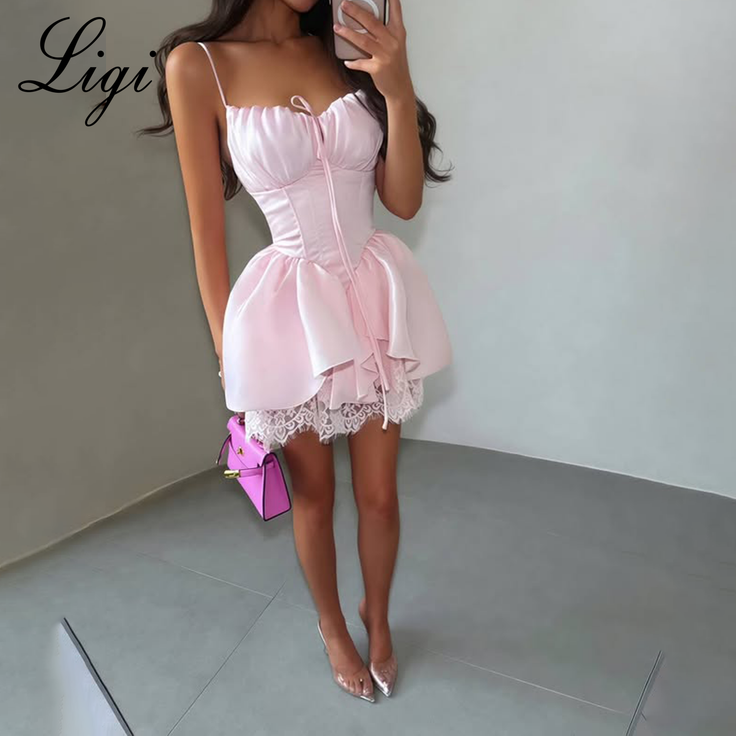 LIGI ピンク「ミニ丈膝上」カクテルドレス女性フォーマルパーティードレスセクシーなガラドレスローブデカクテル 2026 カスタマイズ
