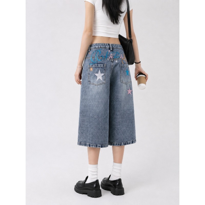 ユニセックススター刺繍デニムショーツ 2026 夏新アメリカンヴィンテージウォッシュルーズワイドレッグカジュアルパンツ