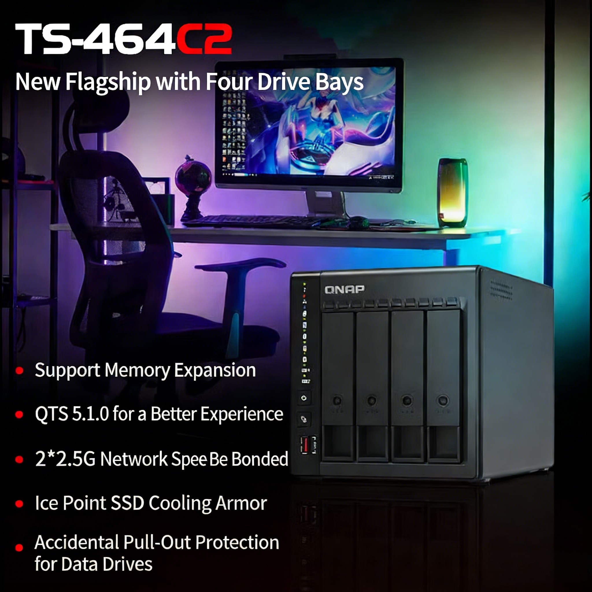 QNAP TS-464C2 NAS ホームネットワークストレージサーバー、クアッドコア Cosmic Cube、デュアル M.2 スロット内蔵、AI パーソナル プライベート クラウド