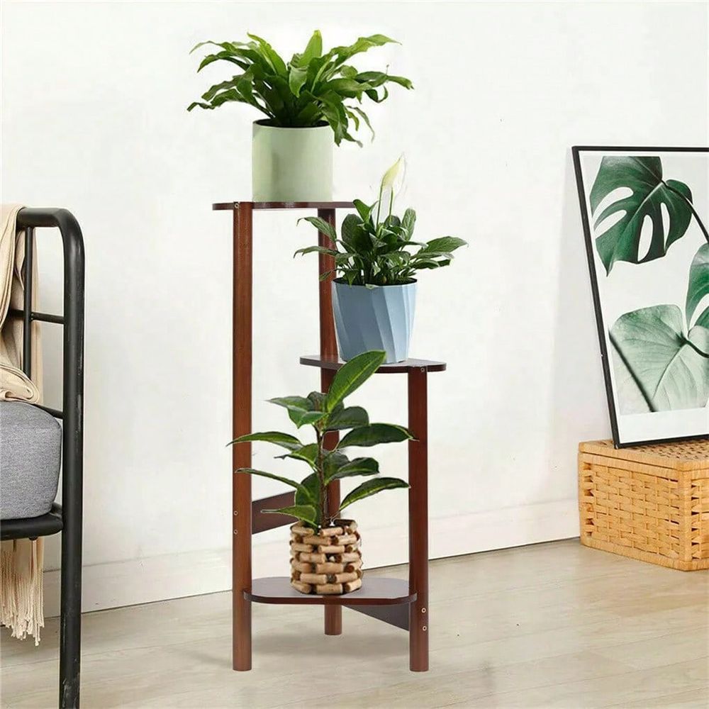 3段植物スタンドコーナー、竹植物棚ラックトリプルポットスタンドホルダー屋内植物はしご棚花ディスプレイラックPa用