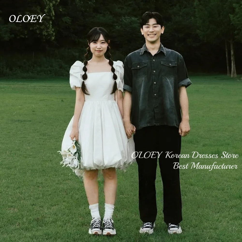 OLOEY 素敵な韓国アイボリーのウェディングドレススクエアネックパフスリーブバブルスカートミニ丈シンプルカジュアルブライダルドレス Vestidos
