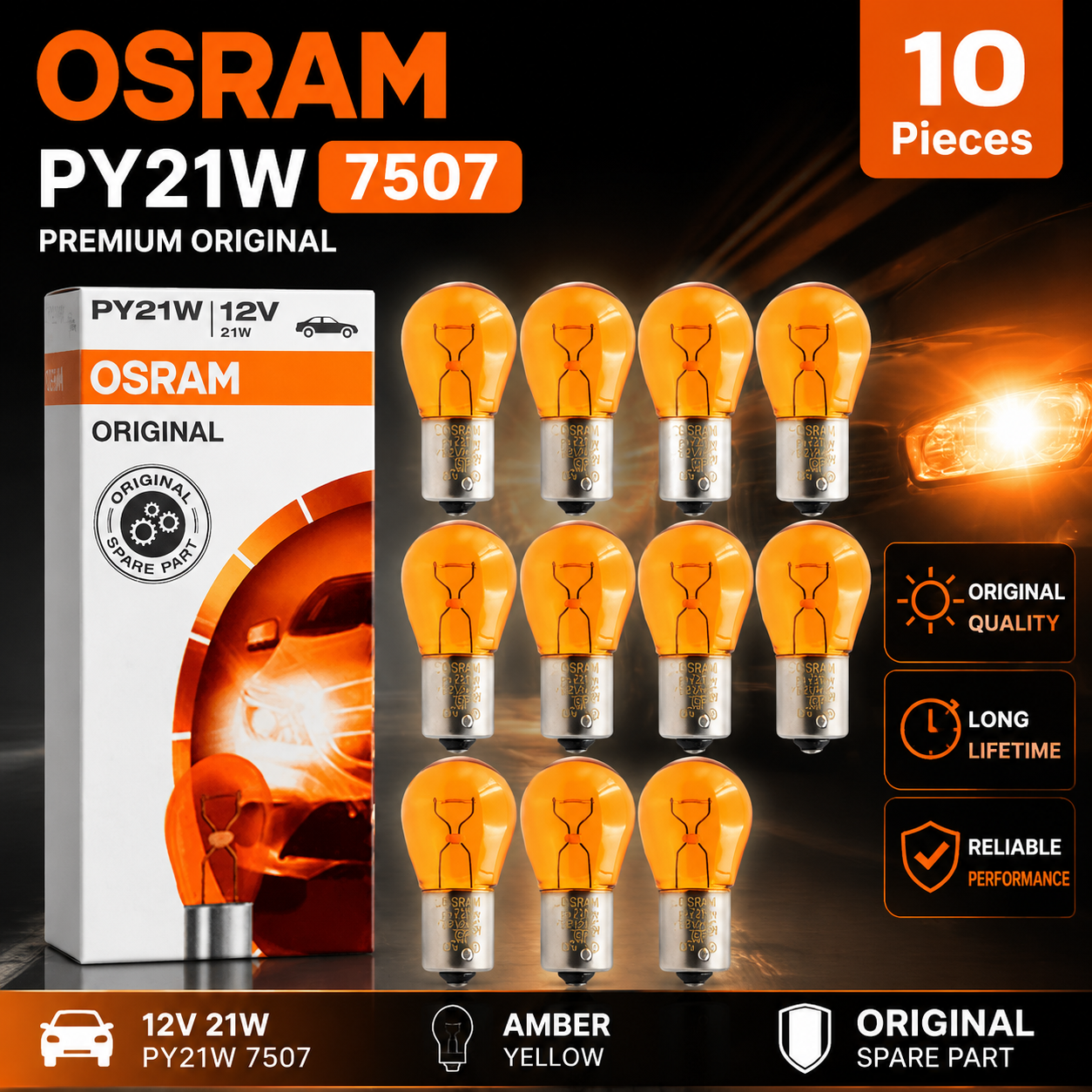 OSRAM オリジナル S25 21W 12V 7507 PY21W 1156 車の金属ベースアンバーターンシグナルリバースランプ OEM 自動ブレーキ電球 (10 個)
