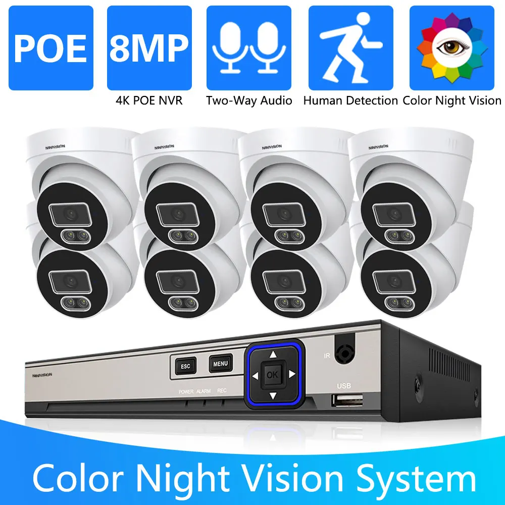 4K CCTV POE IP ドームカメラシステム 2 ウェイオーディオカラーナイトビジョン屋内ホーム CCTV セキュリティカメラシステムセット 8MP 8CH POE NVR Ki