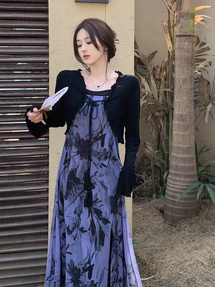 新しい中国風のドレスセット女性服夏長袖カバーアップレトロエレガンスインクスリップドレスツーピースセット女性衣装